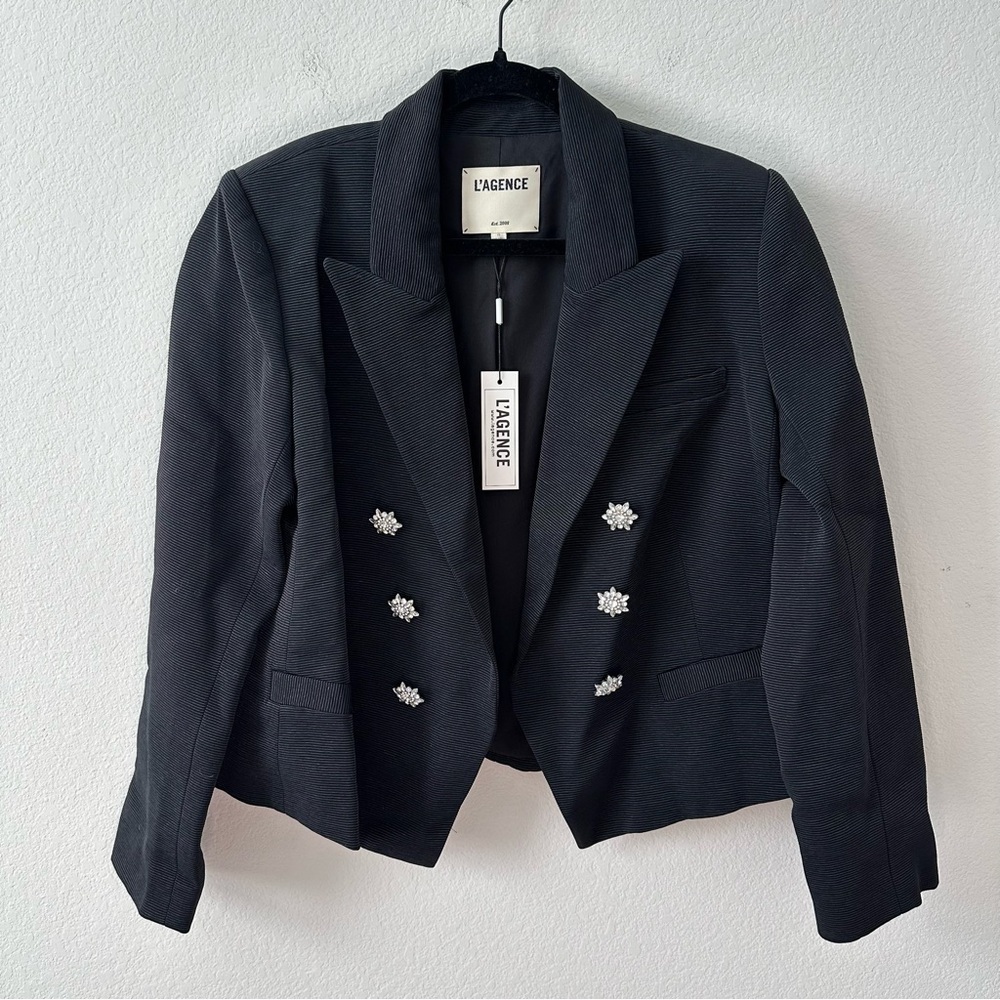 NWT L'AGENCE Brooke Double-Breasted Blazer in Black Rhinestone SZ US 12 - Picture 3 of 9